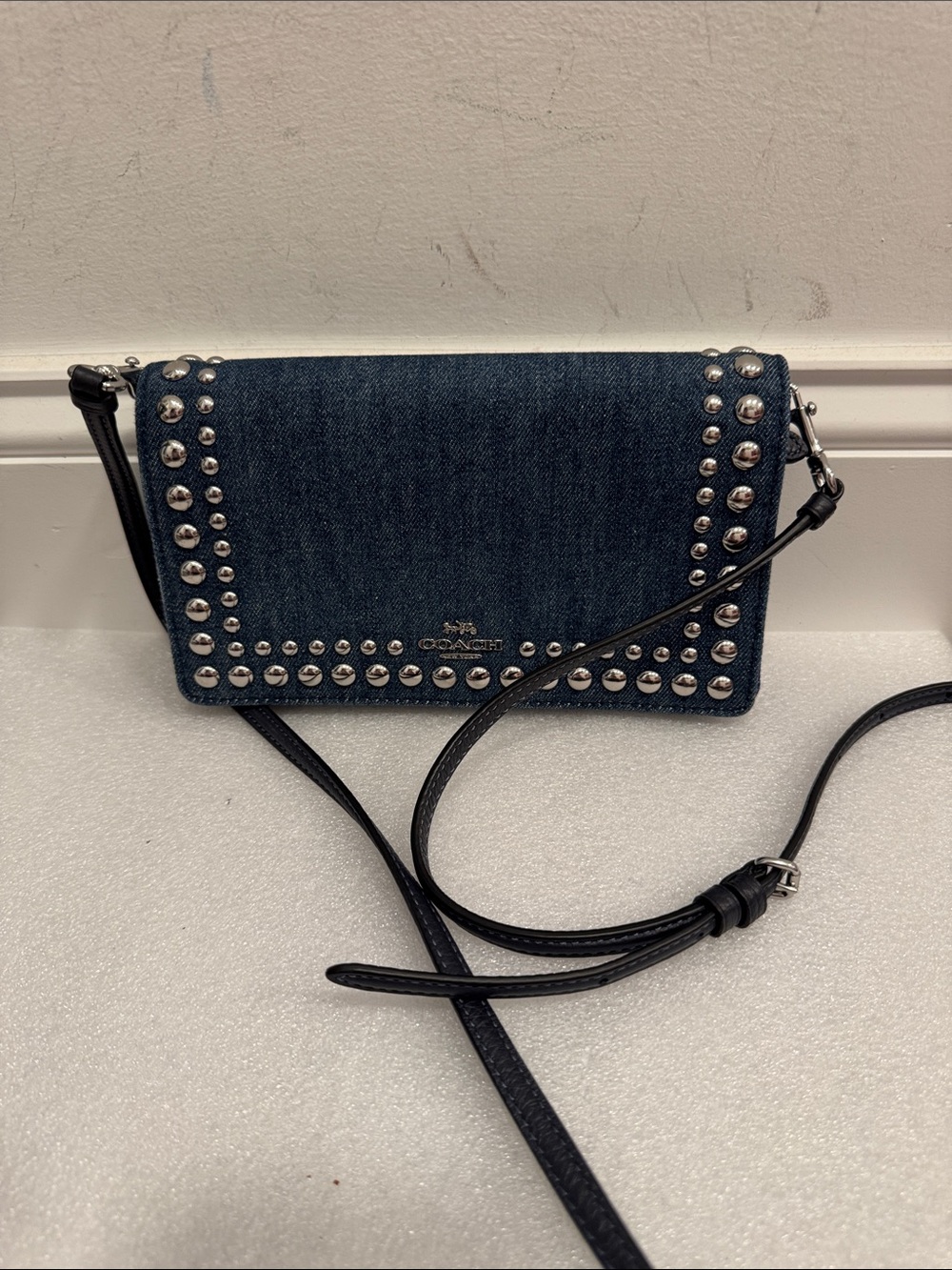 Coach Anna denim Foldover Clutch Crossbody bag with Rivets